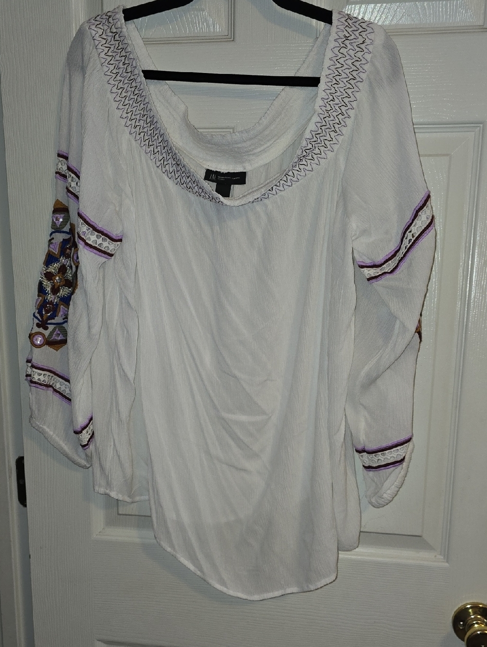 INC International Concepts White Peasant Blouse with Purple Embroidery